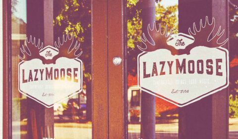 Lazy Moose front doors with logo