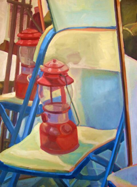 Red Lantern on a Blue Chair