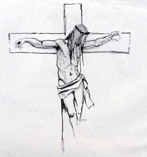 An original sketch of Jesus on the cross.